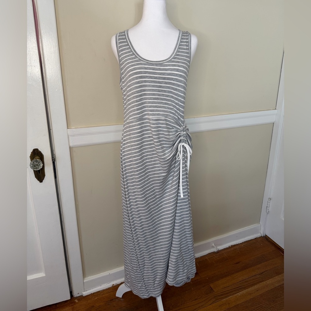 NWOT CAbi Gray and White Striped Maxi Dress